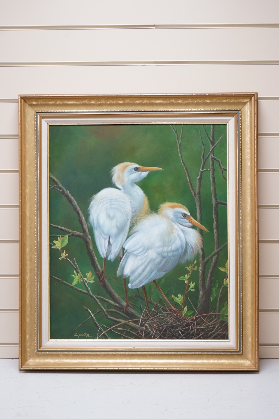 Luyuan Qing (Chinese, 20th. C), Study of egrets, signed, oil on canvas, 59 x 49cm, gilt frame